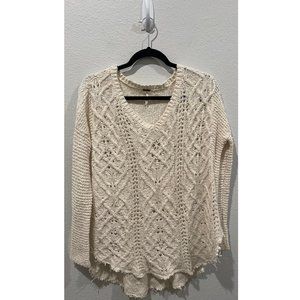 FREE PEOPLE Beige Frayed Knit Sweater